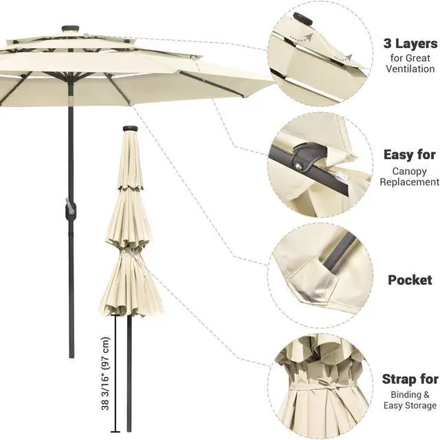 Alt view image 5 of 7 - Yescom 10 Ft 3 Tier Patio Umbrella with Solar LED Crank Tilt Button Outdoor