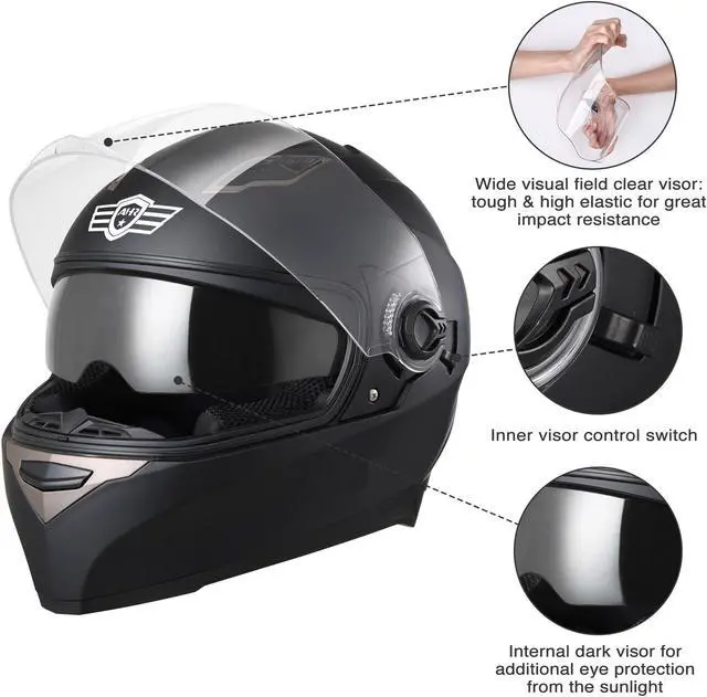 Alt view image 7 of 7 - AHR RUN-F1 DOT Motorcycle Full Face Helmet Dual Visors ABS Sheel Street Bike Touring Racing Sports