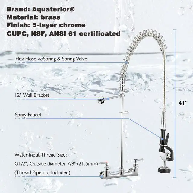 Alt view image 13 of 13 - Aquaterior® Chrome Commercial Kitchen Restaurant 8" Center Splashmount Pre-Rinse Faucet CUPC NSF