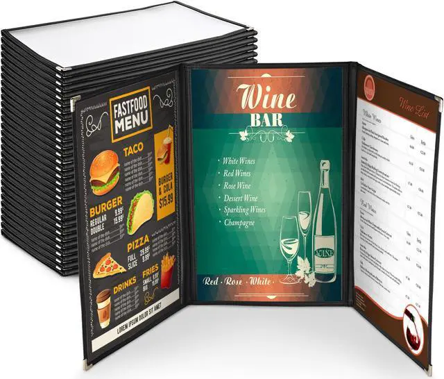 Main image of 30 Menu Cover 8.5X14 6 View Triple Fold Double Stitch Trim Cafe Restaurant Black