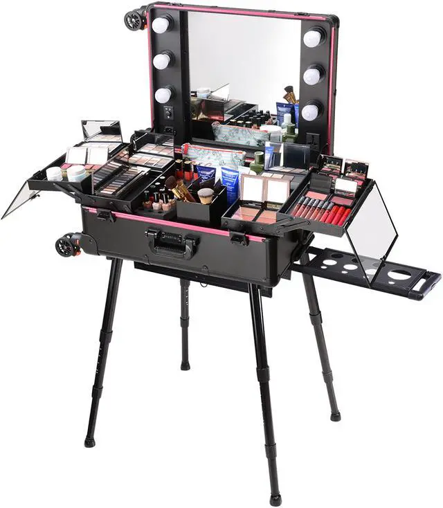 Alt view image 6 of 7 - Byootique Rolling Makeup Case with Bulb Mirror Adjustable Leg Detachable Wheel