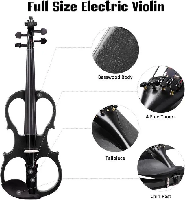 Alt view image 2 of 7 - 4/4 Electric Violin Full Size Wood Silent Fiddle Bow Headphone Case Black