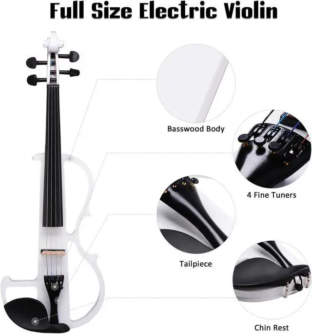 Alt view image 2 of 7 - 4/4 Electric Violin Full Size Wood Silent Fiddle Fittings Headphone White