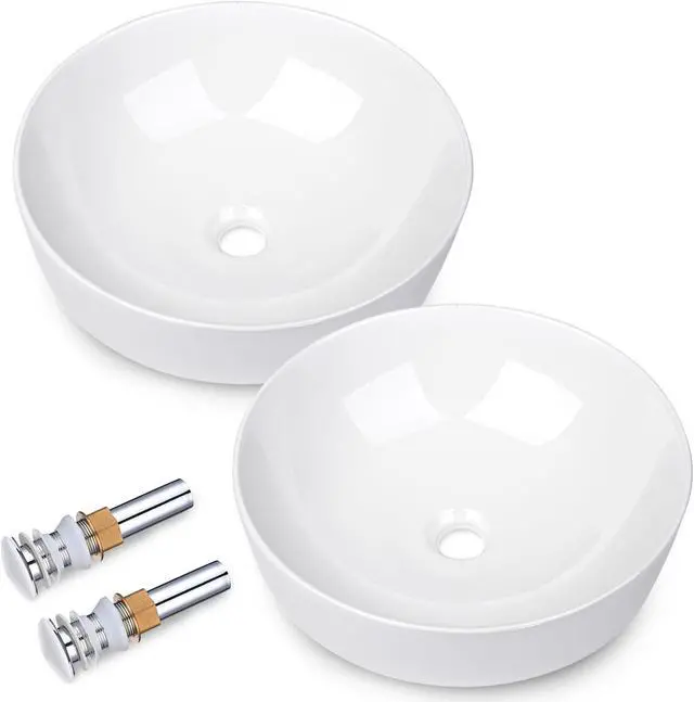 Main image of Aquaterior 2 Pack Round Bathroom Vessel Sink with Pop up Drain 16"x5" Above Counter Ceramic Vessel Sink For Hotel
