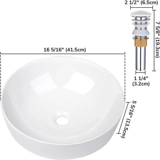 Alt view image 7 of 7 - Aquaterior 16" Round Bathroom Vessel Sink w/Pop up Drain Above Counter Ceramic Bathroom Sink For Hotel