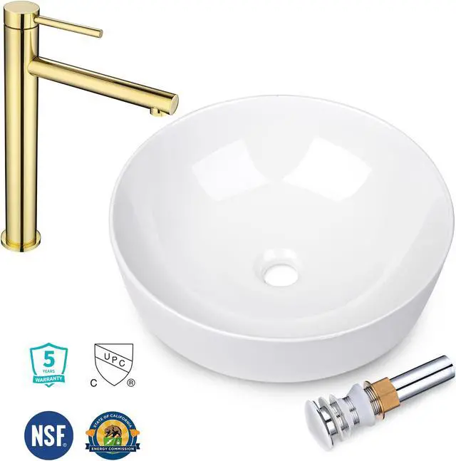 Alt view image 2 of 7 - Aquaterior 16" Round Bathroom Ceramic Vessel Sink Faucet Set Vanity Mixer Faucet w/Pop Up Drain Gold (CUPC NSF CEC)