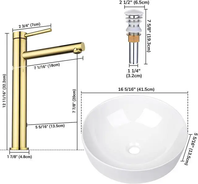 Alt view image 7 of 7 - Aquaterior 16" Round Bathroom Ceramic Vessel Sink Faucet Set Vanity Mixer Faucet w/Pop Up Drain Gold (CUPC NSF CEC)