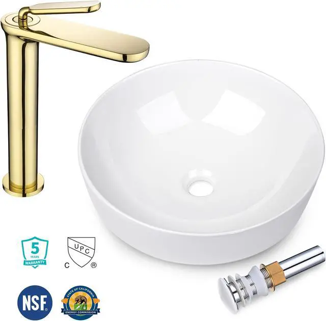 Alt view image 2 of 7 - Aquaterior Bathroom Countertop Vessel Sink & 1 Hole Vanity Basin Mixer Faucet w/Pop Up Drain Kit Gold (CUPC NSF CEC)
