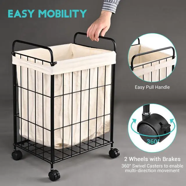 Alt view image 4 of 7 - Laundry Hamper with Wheels Clothes Storage Bin Rolling Cart Industrial Style