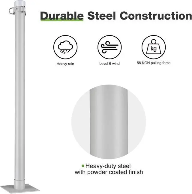 Alt view image 6 of 7 - Yescom 8 Ft Sun Shade Sail Pole Post Canopy Awning Deck Patio Backyard with Pole Bracket Clamp Powder Patio Outdoor 96" Silver