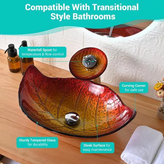 Alt view image 2 of 7 - Aquaterior Tempered Glass Sink Transitional Style Leaf Shape Waterfall Faucet
