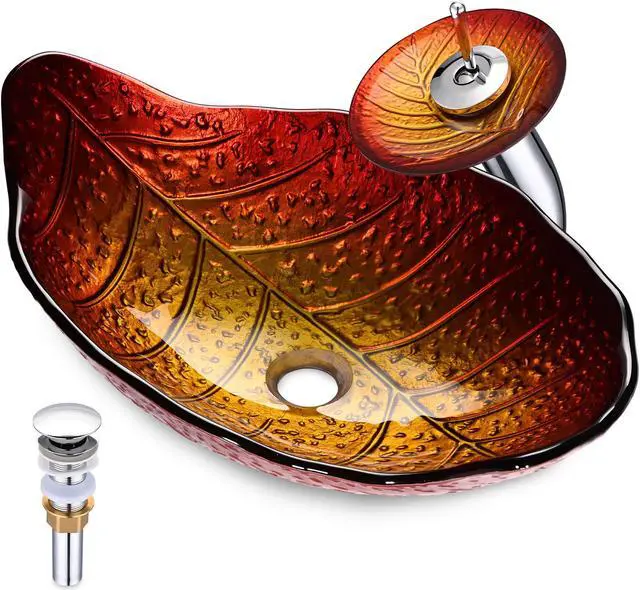 Main image of Aquaterior Tempered Glass Sink Transitional Style Leaf Shape Waterfall Faucet