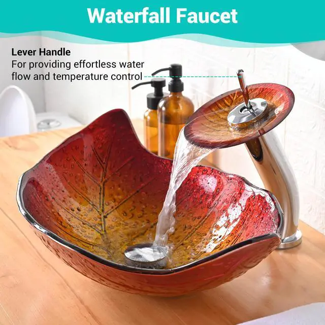 Alt view image 4 of 7 - Aquaterior Tempered Glass Sink Transitional Style Leaf Shape Waterfall Faucet
