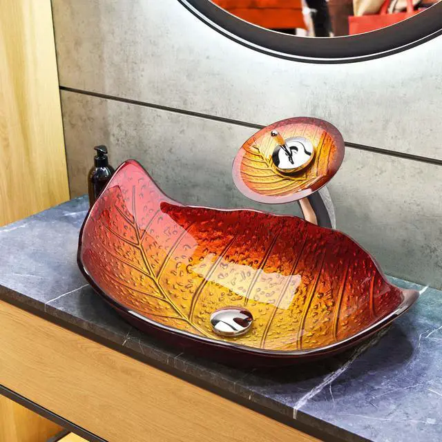 Alt view image 7 of 7 - Aquaterior Tempered Glass Sink Transitional Style Leaf Shape Waterfall Faucet