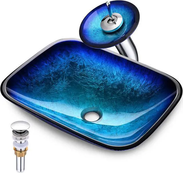 Main image of Aquaterior Tempered Glass Sink Transitional Style Basin Waterfall Faucet Kit
