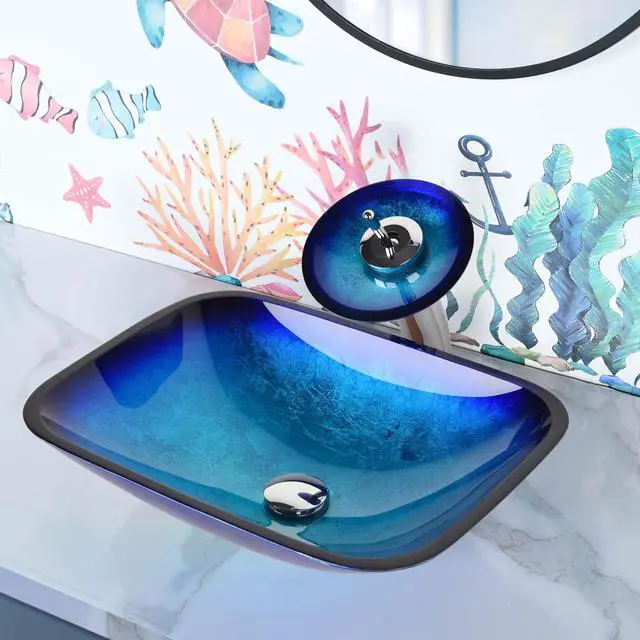 Alt view image 7 of 7 - Aquaterior Tempered Glass Sink Transitional Style Basin Waterfall Faucet Kit