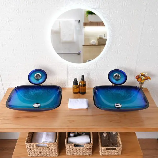 Alt view image 7 of 7 - Aquaterior 2 Packs Tempered Glass Sink Transitional Style Basin Waterfall Faucet