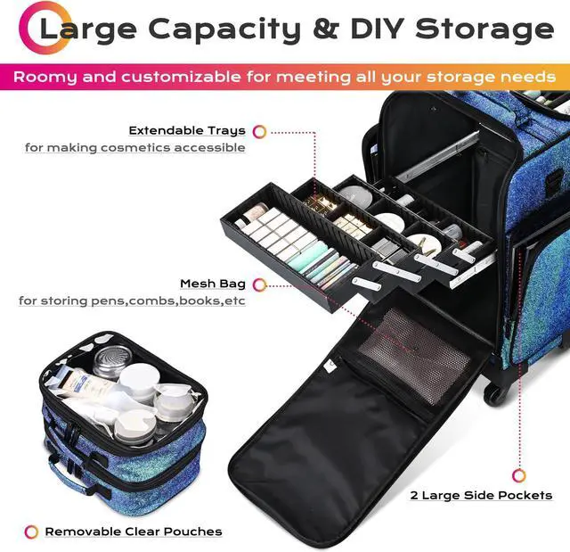 Alt view image 3 of 7 - Byootique Soft Sided Rolling Makeup Train Case Cosmetic Organizer Trolley Artist
