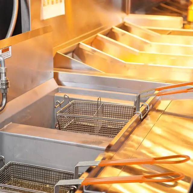 Alt view image 3 of 7 - WeChef 2 Packs Deep Fryer Basket with Divider Heavy Duty Construction Fryer Basket with Non-slip Handle for Commercial Restaurant Roadside Stall Red