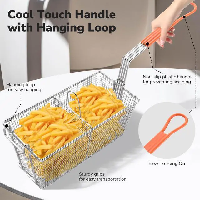 Alt view image 5 of 7 - WeChef 2 Packs Deep Fryer Basket with Divider Heavy Duty Construction Fryer Basket with Non-slip Handle for Commercial Restaurant Roadside Stall Red