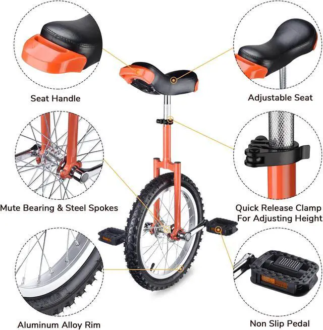 Alt view image 2 of 7 - Yescom 16 In Wheel Outdoor Unicycle Adjustable Seat Exercise Bicycle Balance Training for Adults Teenagers Kids, Orange