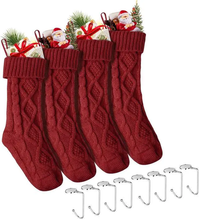 Main image of Yescom 4 Pack Christmas Stockings & 8 Pack Stocking Holders Kit Handmade Red