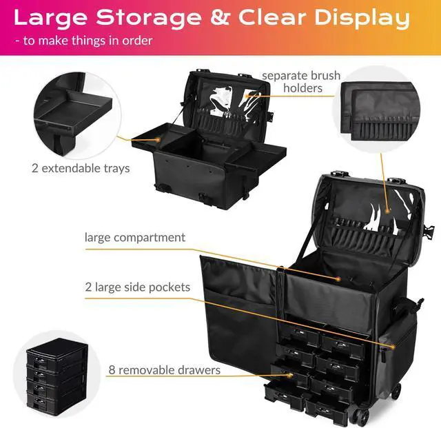 Alt view image 11 of 14 - Byootique Classic Black Rolling 2in1 Cosmetic Case Sided Makeup Artist Organizer