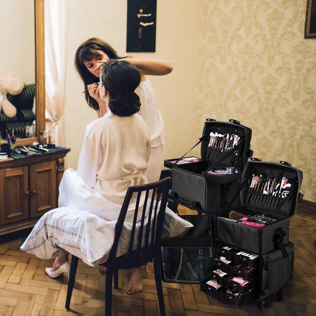 Alt view image 14 of 14 - Byootique Classic Black Rolling 2in1 Cosmetic Case Sided Makeup Artist Organizer