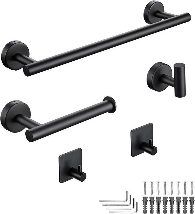 Main image of Aquaterior 5-Piece Bathroom Hardware Set Stainless Steel Towel Bar Toilet Paper Holder Hook Matte Black