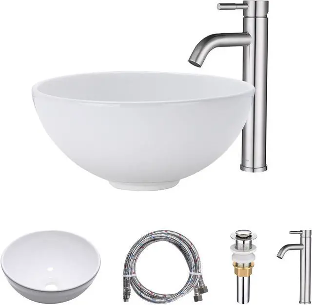 Alt view image 7 of 7 - Aquaterior Round Ceramic Vessel Sink Kit Bathroom Single Handle Faucet Drain