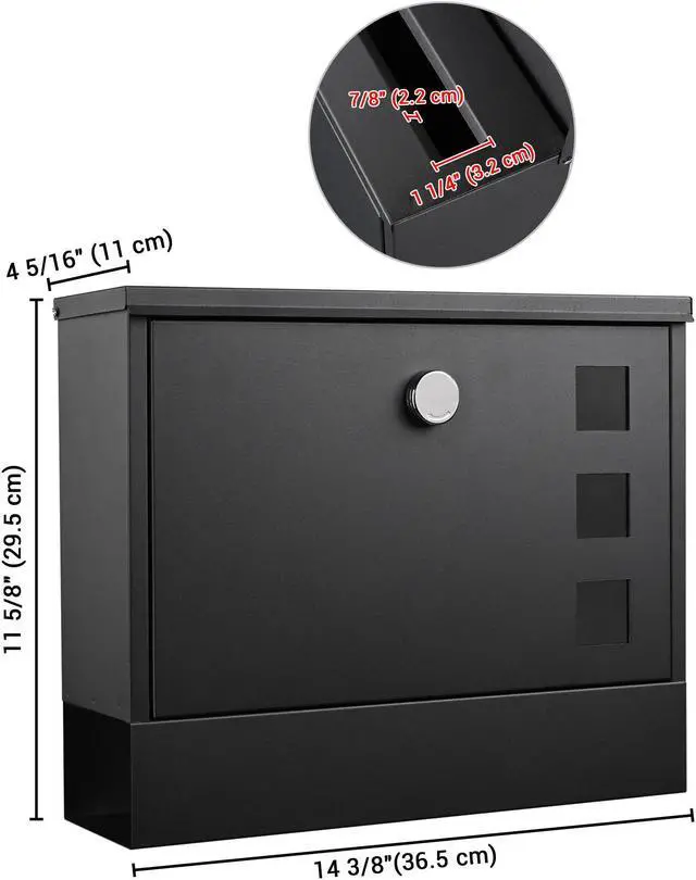 Alt view image 6 of 7 - Yescom Large Wall Mount Steel Mail Box Lockable Letterbox w/ Door & 2 Keys Home Post Security Outdoor, Black
