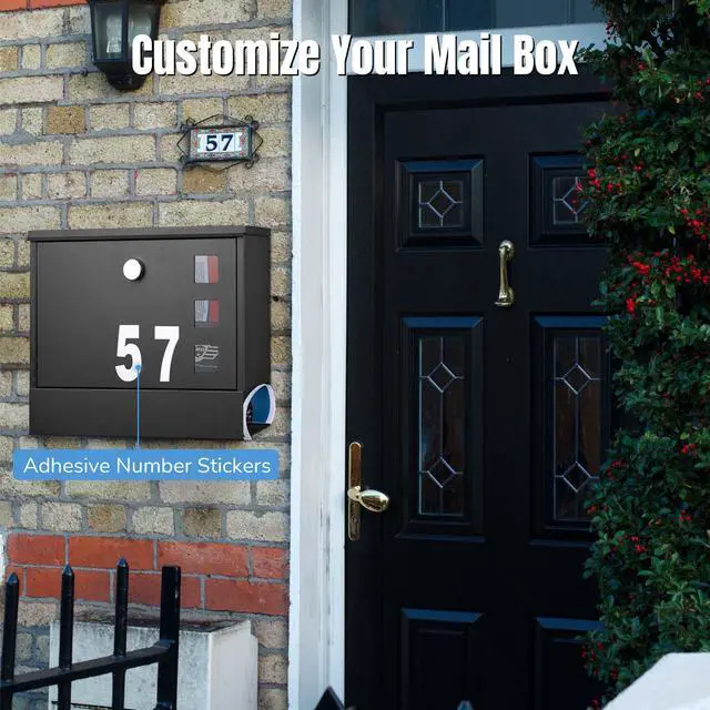 Alt view image 7 of 7 - Yescom Large Wall Mount Steel Mail Box Lockable Letterbox w/ Door & 2 Keys Home Post Security Outdoor, Black