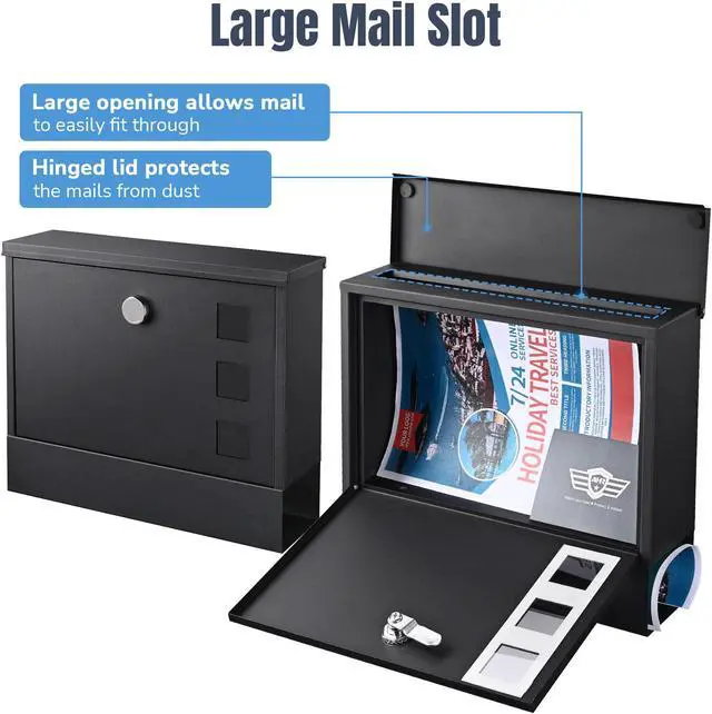 Alt view image 5 of 7 - Yescom Large Wall Mount Steel Mail Box Lockable Letterbox w/ Door & 2 Keys Home Post Security Outdoor, Black