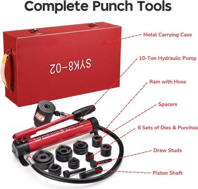 Alt view image 4 of 7 - Yescom 10 Ton Hydraulic Knockout Punch Set 1/2" to 2" Conduit Hole Puncher Tool Kit - Red