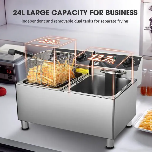 Alt view image 3 of 7 - WeChef Commercial Deep Fryer 24L Dual Tank Electric Deep Fryers with Basket Stainless Steel Countertop Fryer for Restaurant Use, Two 6-15 Phase Plugs, 3600W x2, 240V