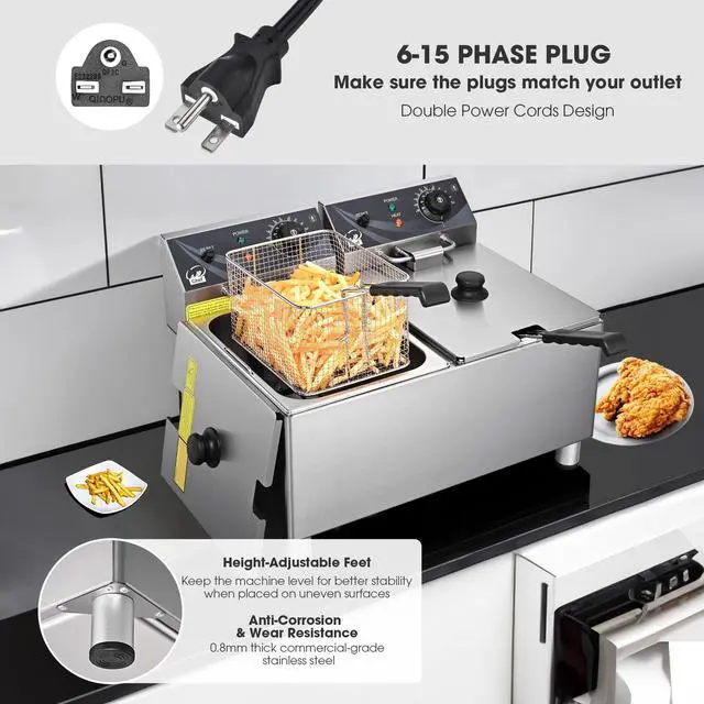 Alt view image 5 of 7 - WeChef Commercial Deep Fryer 24L Dual Tank Electric Deep Fryers with Basket Stainless Steel Countertop Fryer for Restaurant Use, Two 6-15 Phase Plugs, 3600W x2, 240V