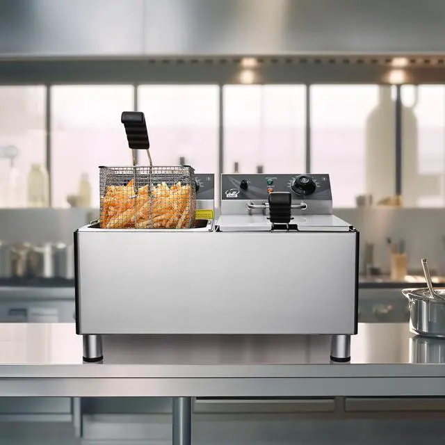 Alt view image 2 of 7 - WeChef Commercial Deep Fryer 24L Dual Tank Electric Deep Fryers with Basket Stainless Steel Countertop Fryer for Restaurant Use, Two 6-15 Phase Plugs, 3600W x2, 240V