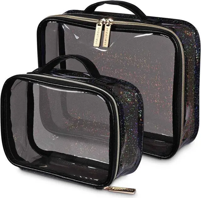 Main image of Byootique Set of 2 Clear Makeup Bag Cosmetic Organizer Travel Toiletry Pouch Handle Zipper for Makeup Artist Black