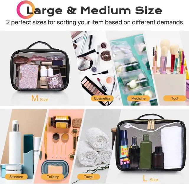 Alt view image 3 of 7 - Byootique Set of 2 Clear Makeup Bag Cosmetic Organizer Travel Toiletry Pouch Handle Zipper for Makeup Artist Black