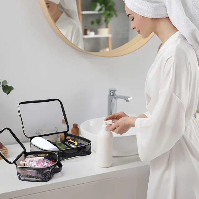 Alt view image 7 of 7 - Byootique Set of 2 Clear Makeup Bag Cosmetic Organizer Travel Toiletry Pouch Handle Zipper for Makeup Artist Black