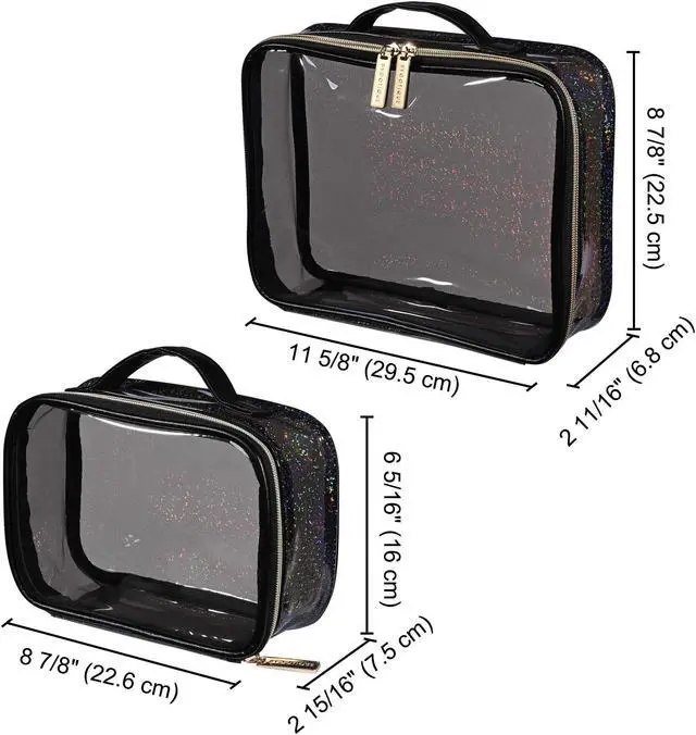Alt view image 6 of 7 - Byootique Set of 2 Clear Makeup Bag Cosmetic Organizer Travel Toiletry Pouch Handle Zipper for Makeup Artist Black