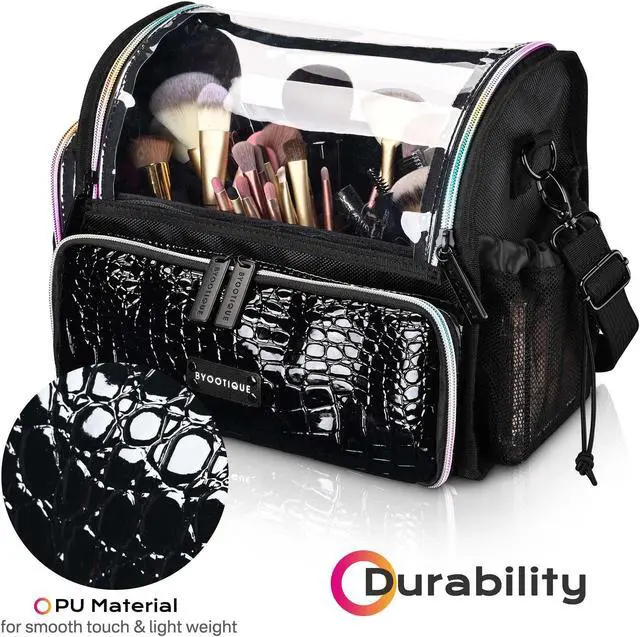 Alt view image 5 of 7 - Byootique Makeup Brush Case Portable Artist Brush Holder Stand-Up Travel Cosmetic Organizer Bag Easy to Clean Large Professional Artist Storage Bag with Shoulder Strap & Adjustable Dividers