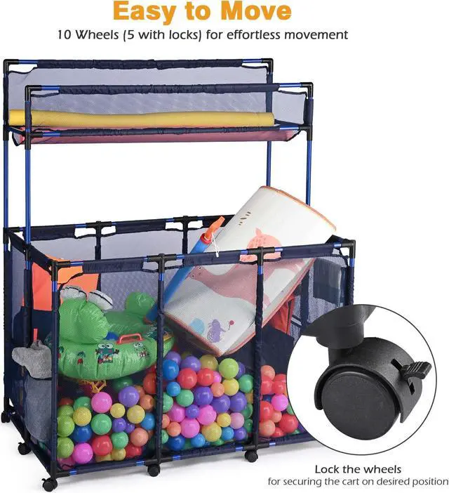Alt view image 4 of 7 - Yescom Mesh Pool Storage Bin Cart Rolling Toys Bin Storage 214 Gallon Organizer Extra Large 6 Wheels with Black Cover Replacement
