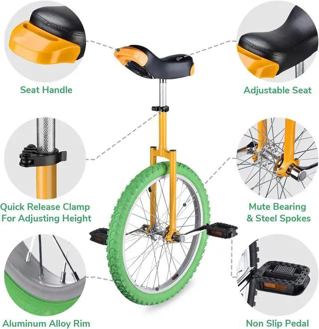 Alt view image 2 of 7 - Yescom 20 In Wheel Outdoor Unicycle Leakproof Butyl Tire Circus Bike Balance Training for Adults Teenagers Kids, Yellow & Green