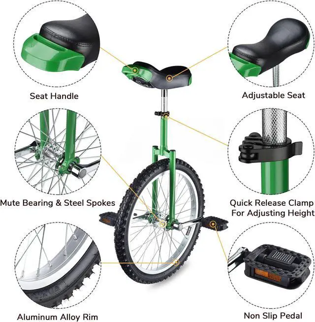 Alt view image 2 of 7 - Yescom 20 In Wheel Outdoor Unicycle Leakproof Butyl Tire Circus Bike Balance Training for Adults Teenagers Kids, Green