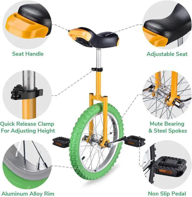 Alt view image 2 of 7 - Yescom 16 In Wheel Outdoor Unicycle Adjustable Seat Exercise Bicycle Balance Training for Adults Teenagers Kids, Yellow & Green