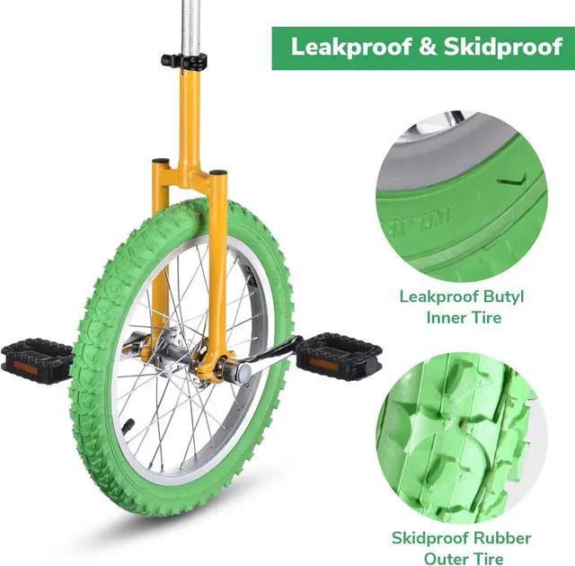 Alt view image 4 of 7 - Yescom 16 In Wheel Outdoor Unicycle Adjustable Seat Exercise Bicycle Balance Training for Adults Teenagers Kids, Yellow & Green