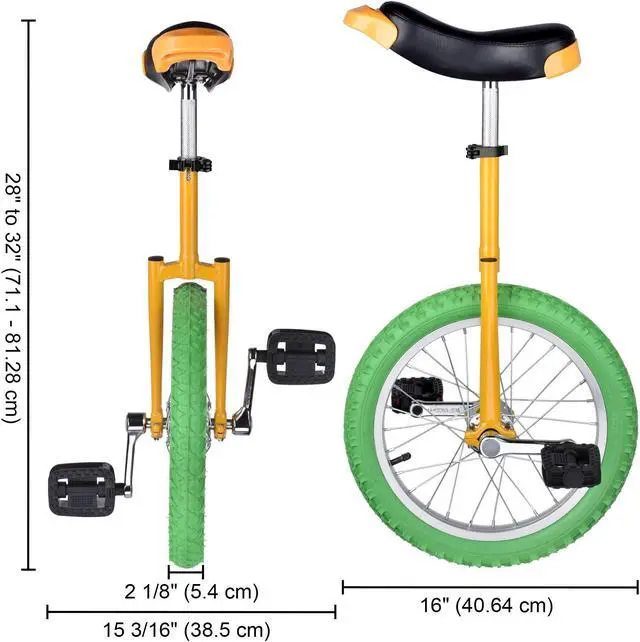Alt view image 6 of 7 - Yescom 16 In Wheel Outdoor Unicycle Adjustable Seat Exercise Bicycle Balance Training for Adults Teenagers Kids, Yellow & Green