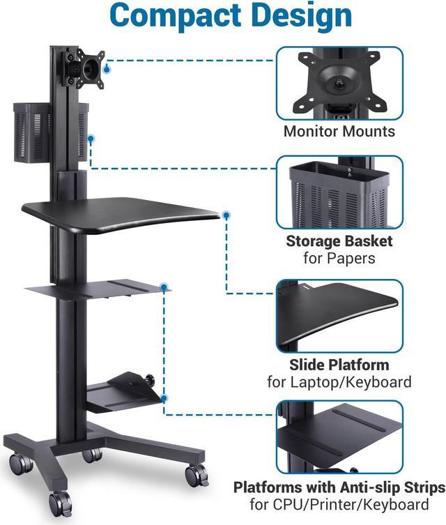 Alt view image 7 of 7 - Desktop PC Rolling Mobile cart Sit/stand up Workstation w/ Monitor Holder & Printer Deck