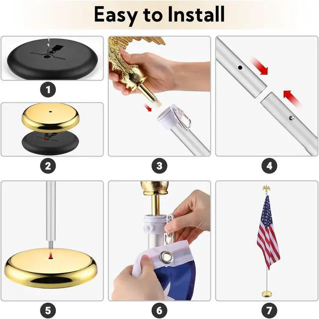 Alt view image 7 of 7 - Yescom 2 Pack 8 Ft Sectional Indoor Flag Pole Set Base Eagle Aluminum 3x5Ft  US Flag